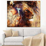 tableau indien femme lion